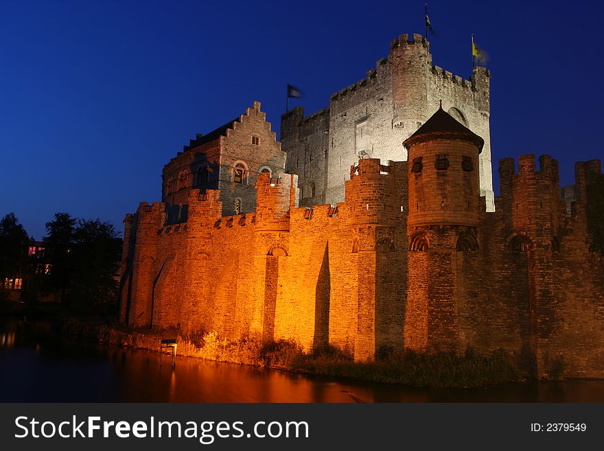 The Gravensteen castle in Ghent, Belgium at dusk