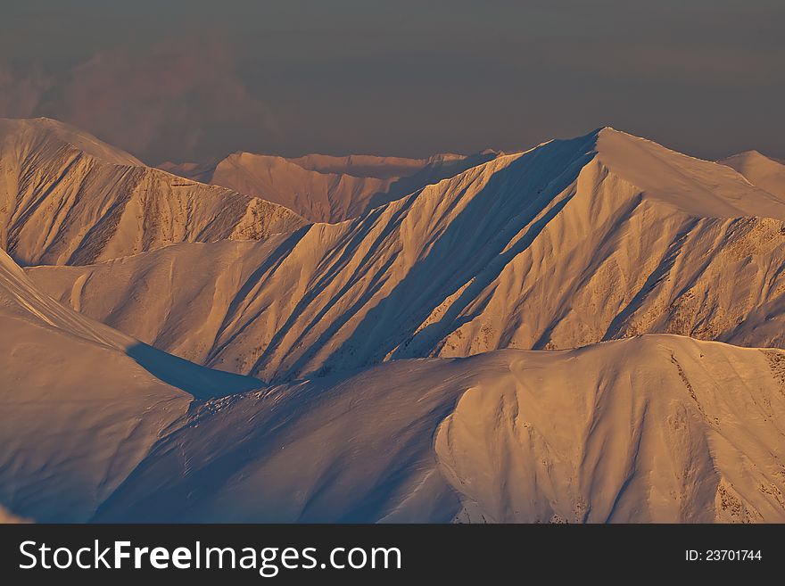 Mountains in the evening in winter