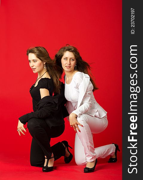 Young pretty sisters twins in black and white costumes