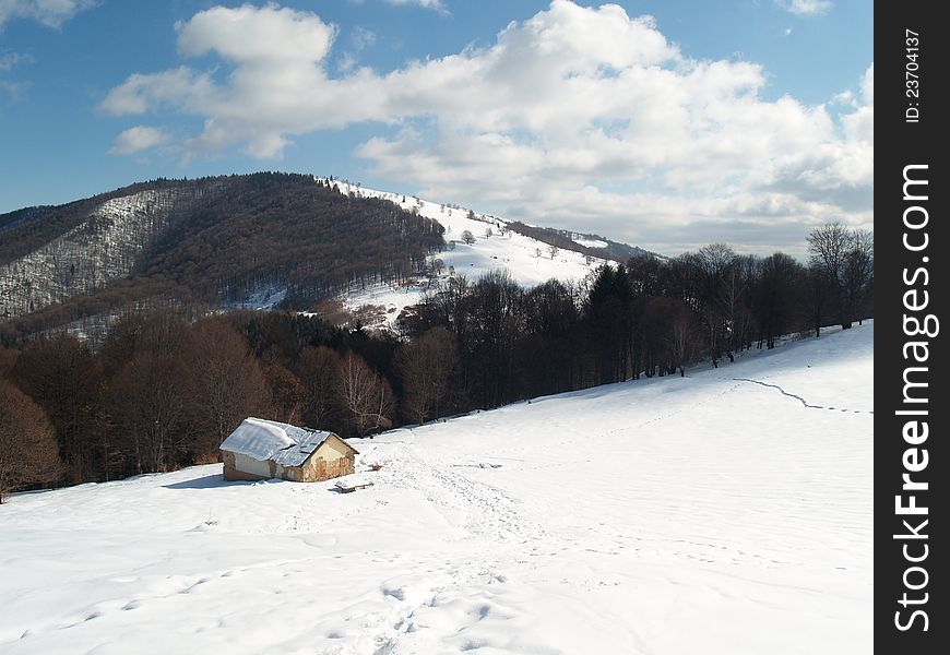 Winter landscape in Carpathians with chalet