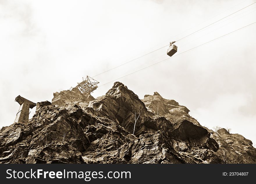 High mountain cable way . Old one and new . High mountain cable way . Old one and new .