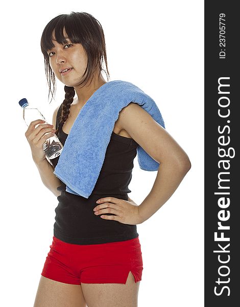 Asian Girl With Towel And Bottle Of Water