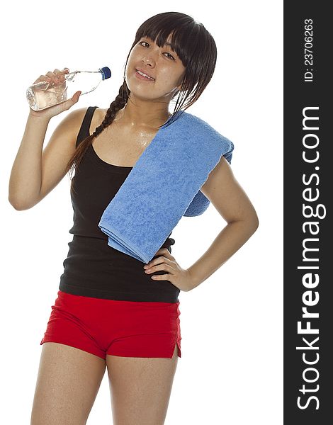 Young Asian woman with a bottle of water and towel on shoulder isolated on white. Young Asian woman with a bottle of water and towel on shoulder isolated on white