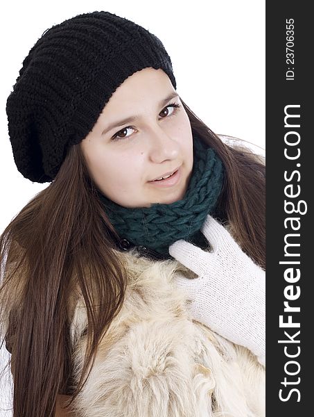 Cheerful woman clothing in warm hat. Winter season.