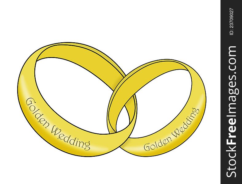 Two gold wedding rings linked together with the words Golden Wedding around them. On a white background. Two gold wedding rings linked together with the words Golden Wedding around them. On a white background.