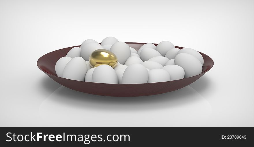 One gold egg and many white on a plate. One gold egg and many white on a plate.