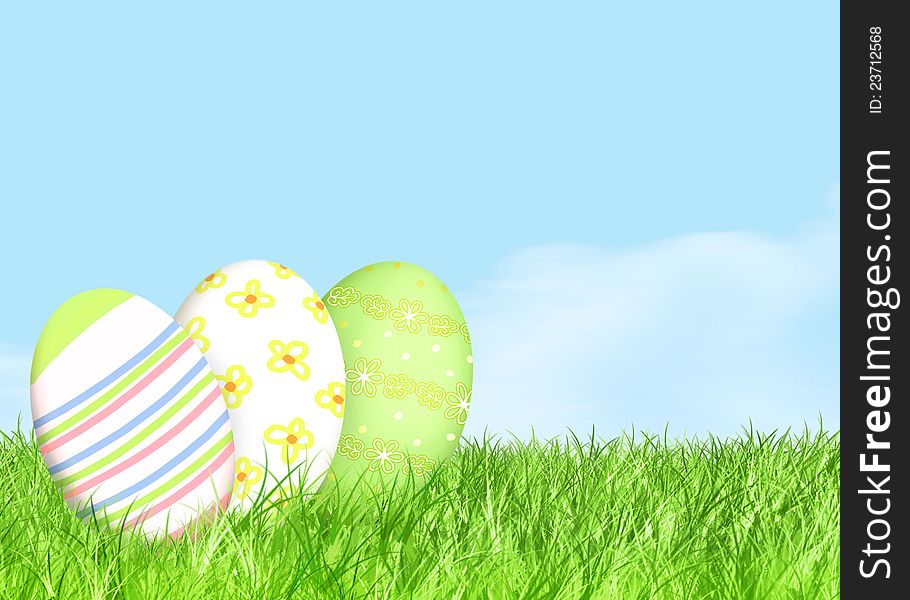 Easter egges in grass and blue sky. Easter egges in grass and blue sky