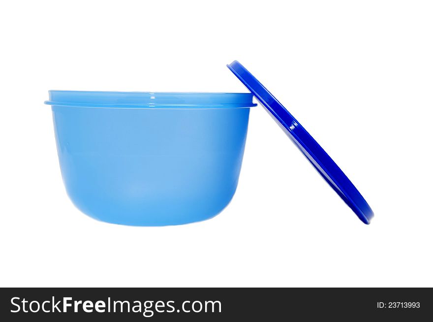 A big blue plastic box for a meal on a white background. A big blue plastic box for a meal on a white background