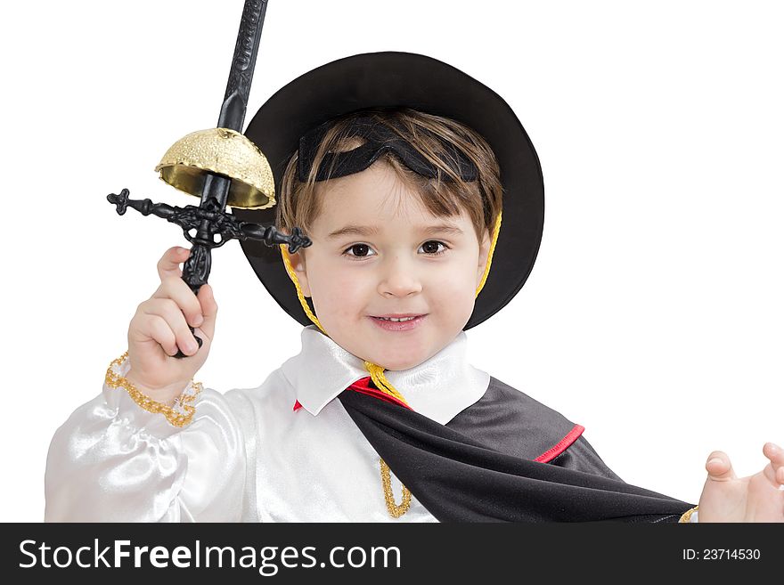 Boy with carnival costume . Little fighting zorro.