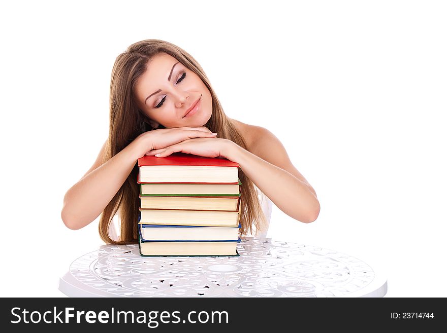 Student with a stack of books, isolated on white. Student with a stack of books, isolated on white