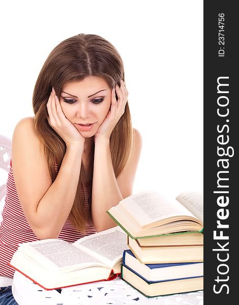 Student with a stack of books, isolated on white. Student with a stack of books, isolated on white