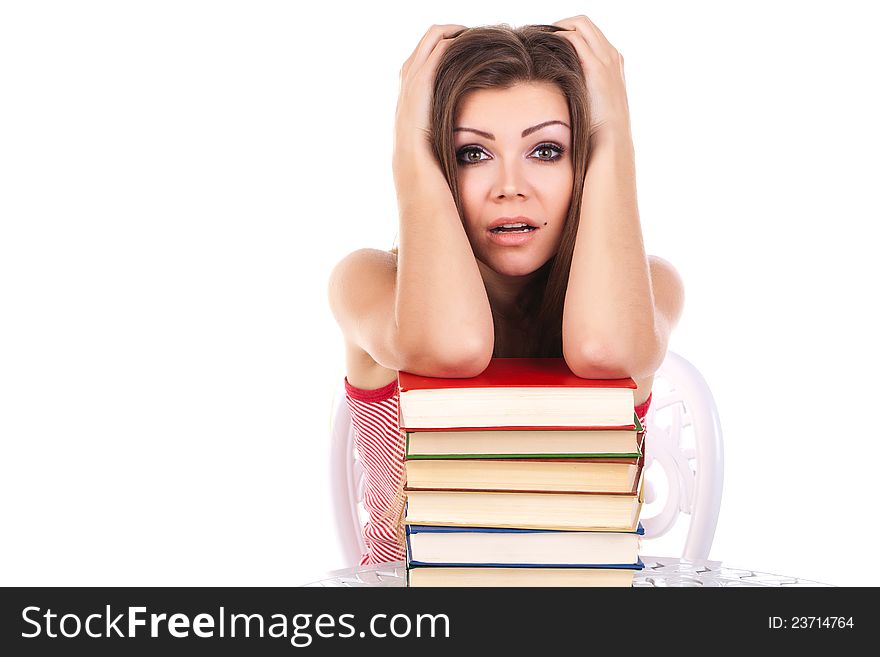 Student with a stack of books, isolated on white. Student with a stack of books, isolated on white