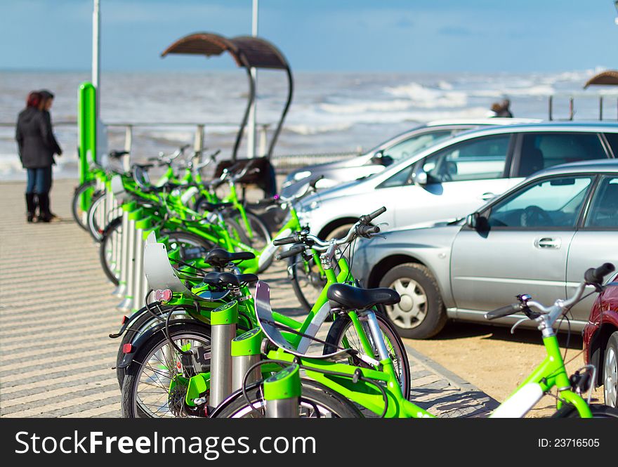 Bicycle rent on the beach of sea
