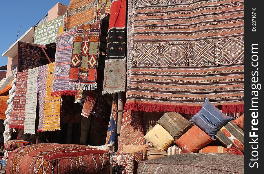 Traditional African carpets and rugs for sale in the souk of Marrakech, Morocco. Traditional African carpets and rugs for sale in the souk of Marrakech, Morocco.