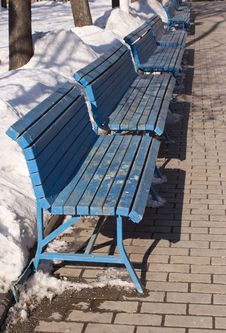 Line Of Blue Benches In Winter Park Stock Images Line Of Blue Benches In Winter Park Stock Images
