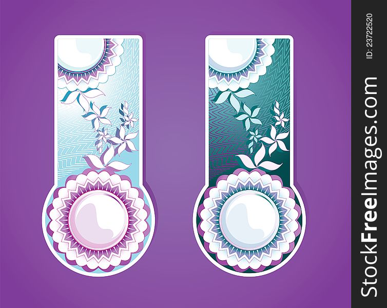 Blue and green Labels with flowers ornament, on a violet background