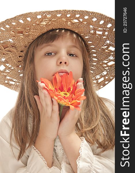 Girl with straw hat and flower. Girl with straw hat and flower