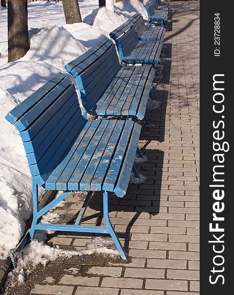 Line of ьфтн blue benches in winter park. Line of ьфтн blue benches in winter park
