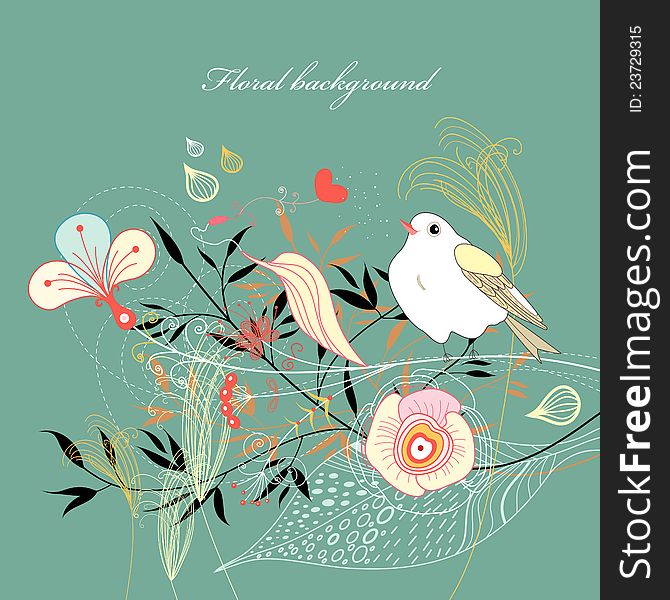 Bright graphic floral background with a bird on a green