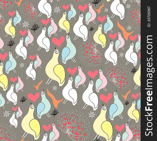Seamless pattern of the fun birds on a dark brown background with trees and hearts. Seamless pattern of the fun birds on a dark brown background with trees and hearts