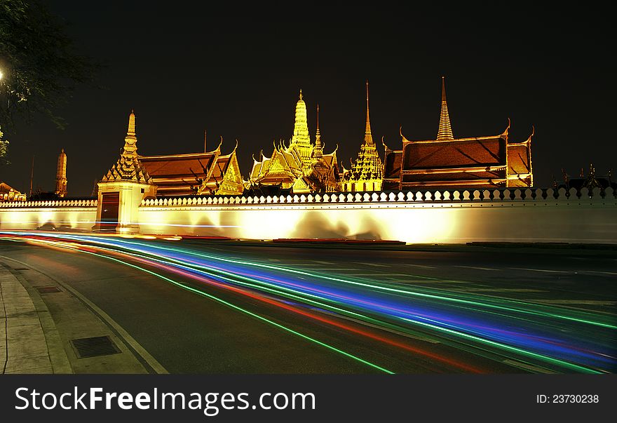 Wat Phra Kaew at night and street, bangkok, Thailand.