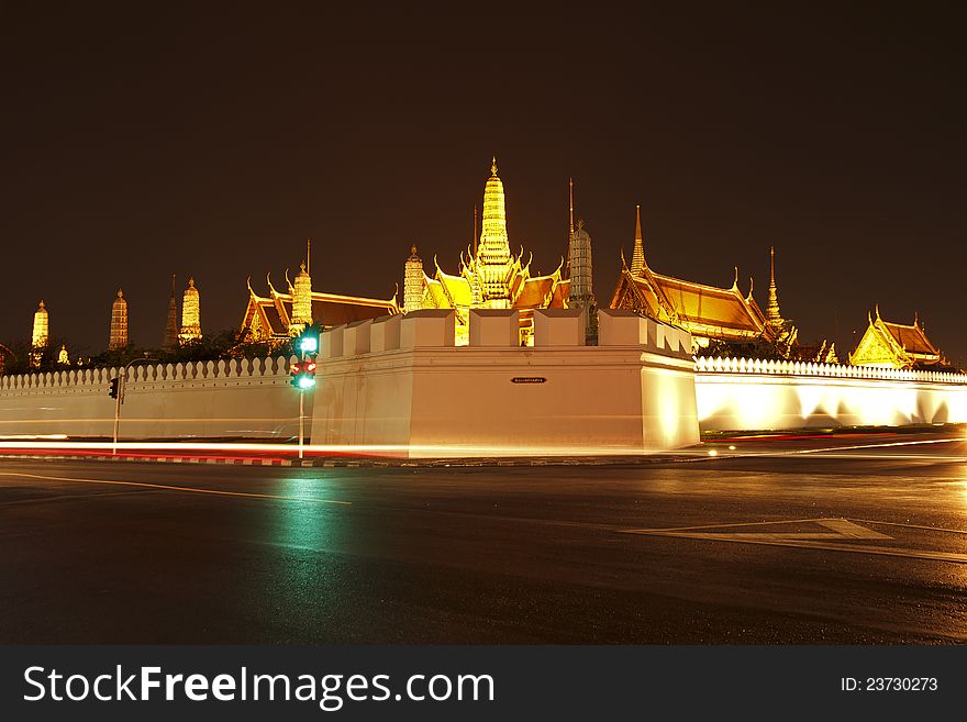 Wat Phra Kaew at night and street, bangkok, Thailand.