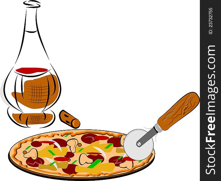 Old wine jug with pizza and cutter over white vector. Old wine jug with pizza and cutter over white vector