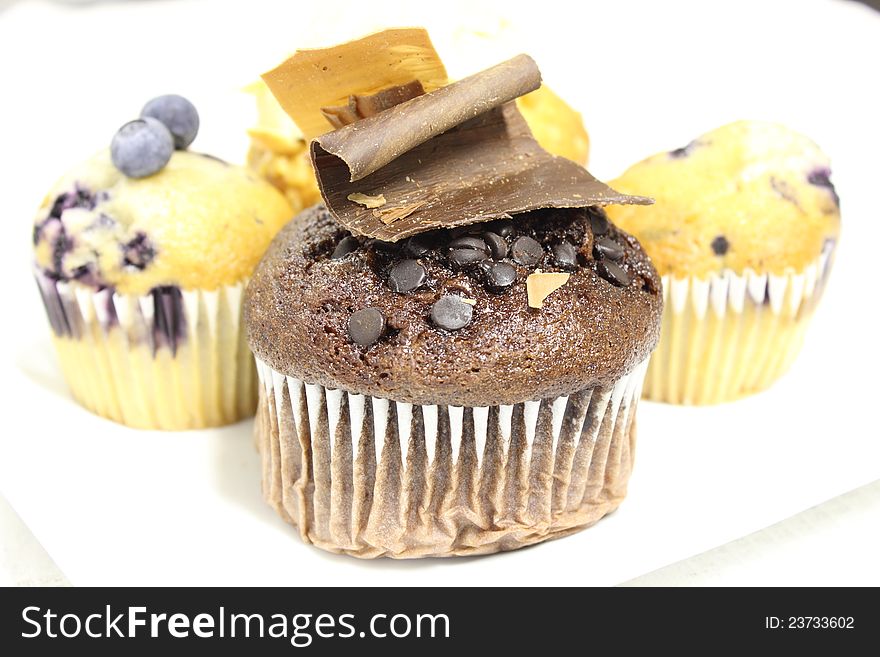 Chocolate chip muffin and blueberry muffin