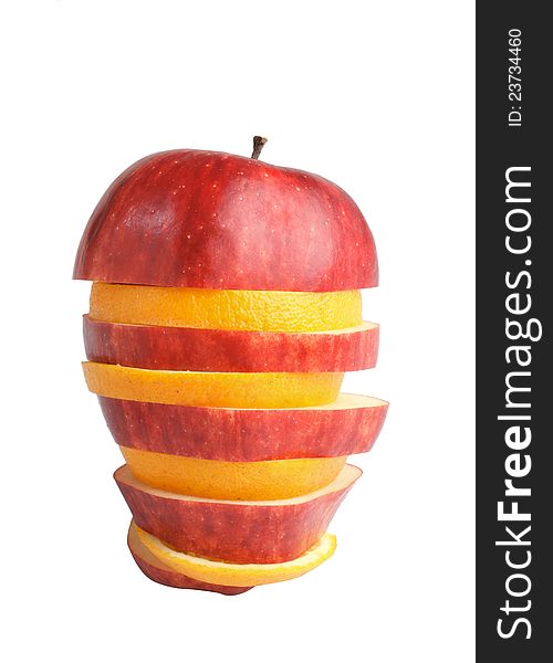 The conceptual art of fruits combination by arranging apple and orange