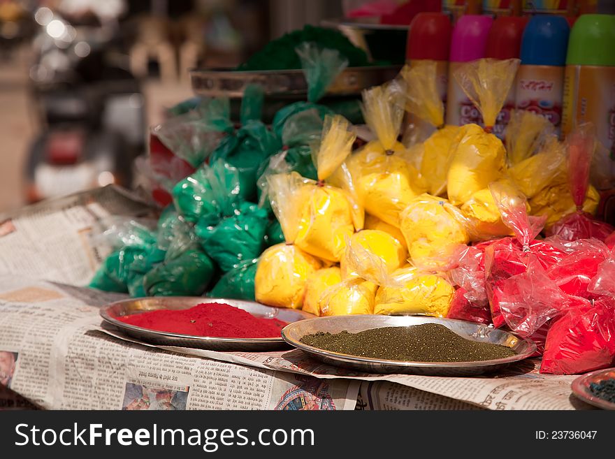 Different colors for sale in india on the occasion of holi (holli)festival. Different colors for sale in india on the occasion of holi (holli)festival