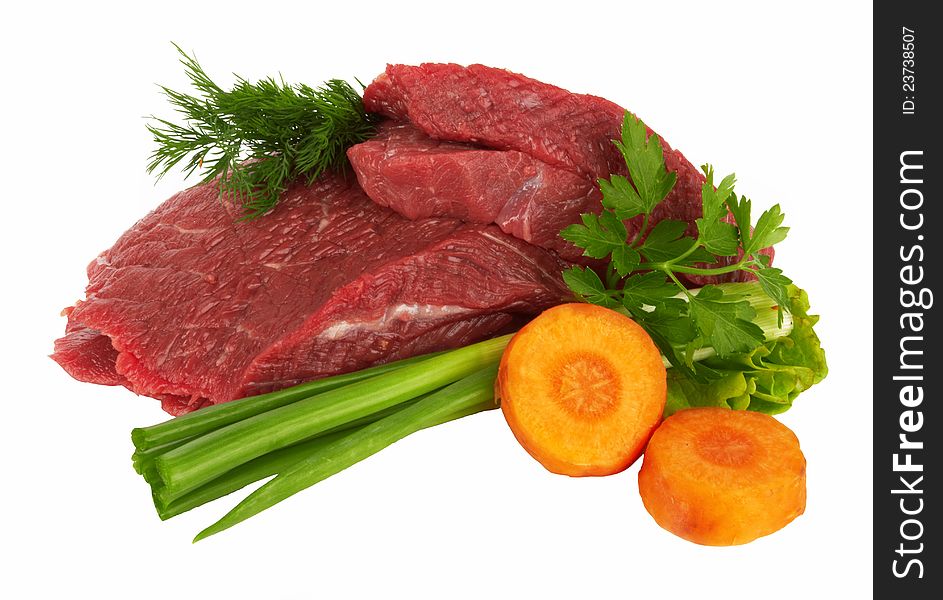 Pieces of fresh raw meat on white background