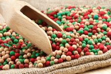 Colorful Peppercorns Mix, Wooden Scoop Royalty Free Stock Photography Colorful Peppercorns Mix, Wooden Scoop Royalty Free Stock Photography