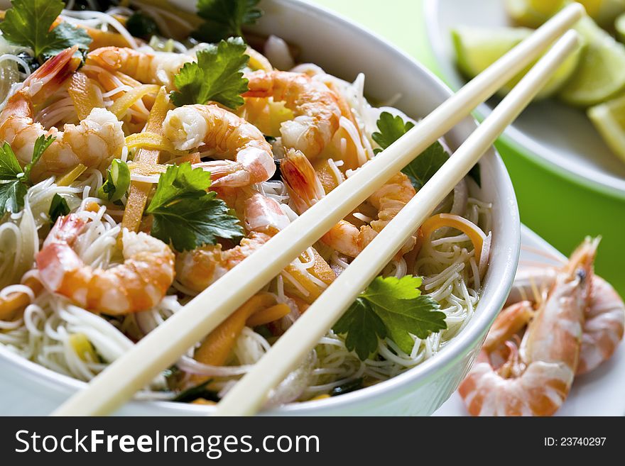 Photograph of a chinese bowl of noodles with shrimps. Photograph of a chinese bowl of noodles with shrimps