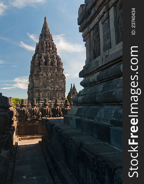 Prambanan temple, hindu temple in Indonesia of similar shape as Angkor's temples in Cambodia. Prambanan temple, hindu temple in Indonesia of similar shape as Angkor's temples in Cambodia
