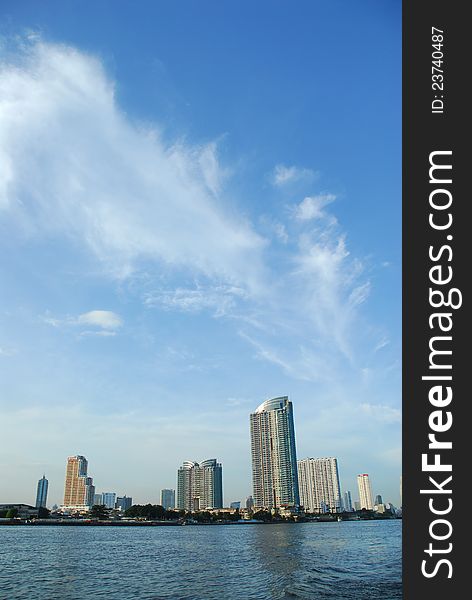 High rise buildings at Chao Phraya River . High rise buildings at Chao Phraya River .