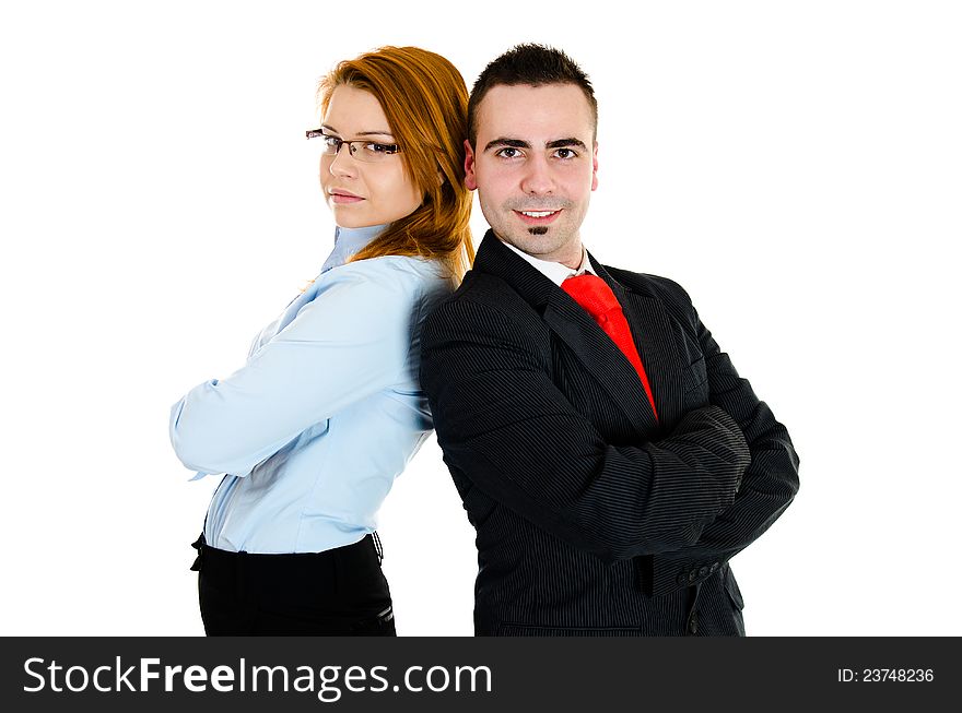 Businessman and businesswoman working in one team. Businessman and businesswoman working in one team