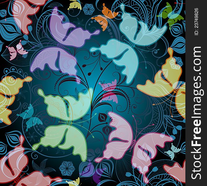 Seamless dark floral pattern with transparent flowers and butterflies (vector EPS 10). Seamless dark floral pattern with transparent flowers and butterflies (vector EPS 10)