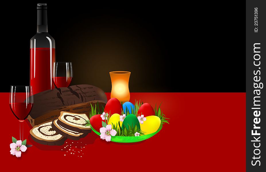 Easter dinner with colored eggs, bottle of wine and glasses, sponge cake and burning candle, vector format. Easter dinner with colored eggs, bottle of wine and glasses, sponge cake and burning candle, vector format