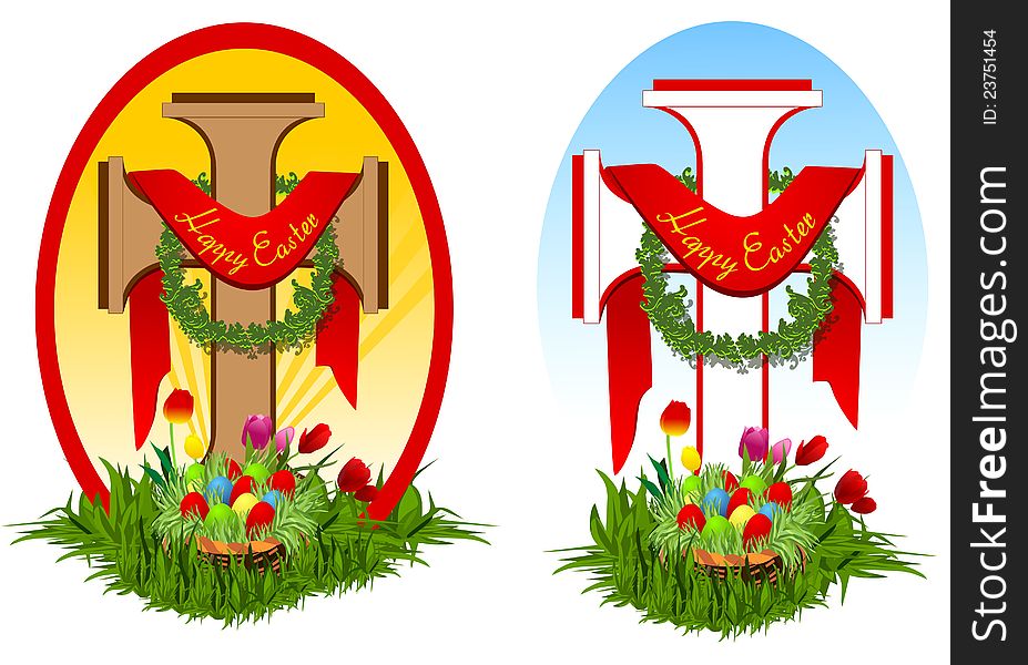 Set of two easter crosses with basket with colored eggs, grass, tulips and greetings