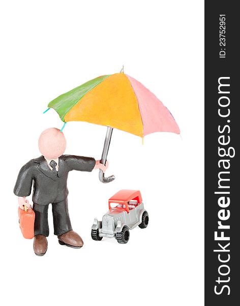 Plasticine man with an umbrella. Plasticine man with an umbrella