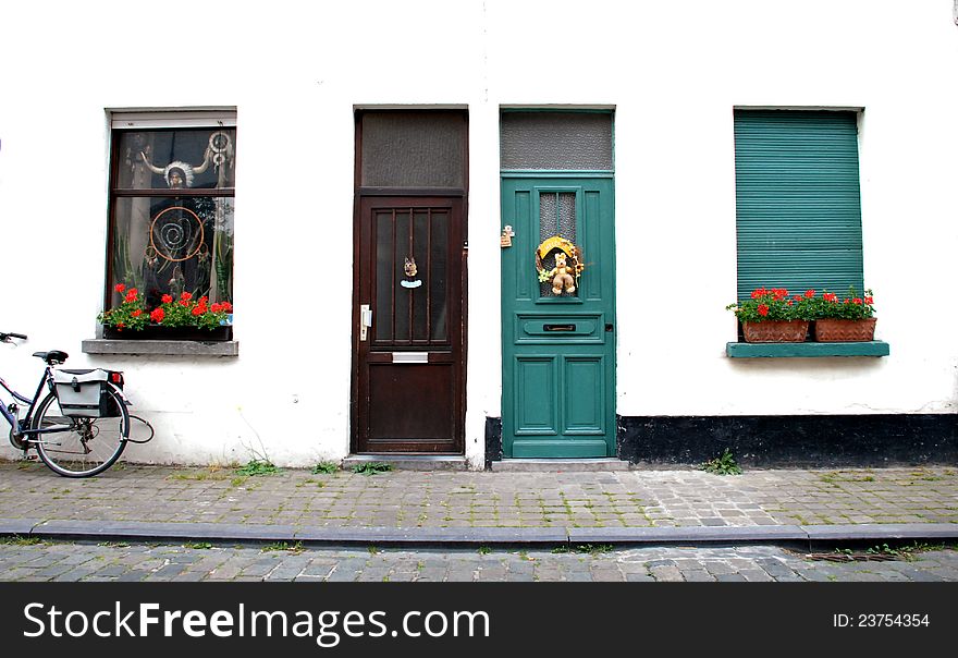 Colourful doors and windows in Brugge, Belgium