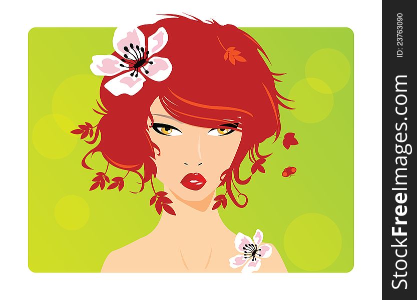 Portrait of a beautiful girl with red hair, ginger, and flower in her hair. Portrait of a beautiful girl with red hair, ginger, and flower in her hair