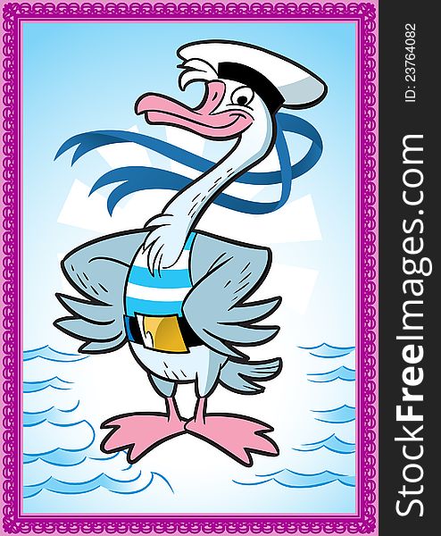 The illustration shows a goose in a naval uniform. Illustration done in cartoon style. The illustration shows a goose in a naval uniform. Illustration done in cartoon style.