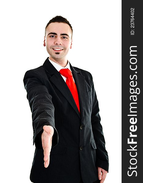 Young businessman stretching his hand for handshake. Young businessman stretching his hand for handshake