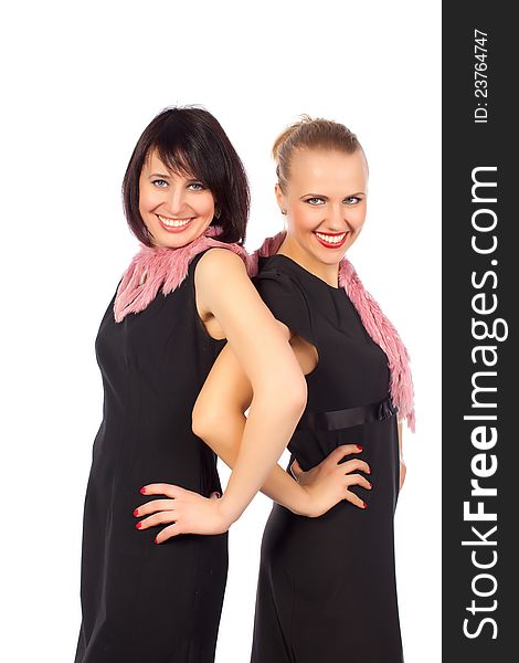 Two Pretty Women Smiling Standing In Black Dress