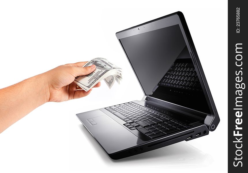 Hand give Laptop Money with white background new pose and white screen and perfect light with money 100 Dollars $. Hand give Laptop Money with white background new pose and white screen and perfect light with money 100 Dollars $