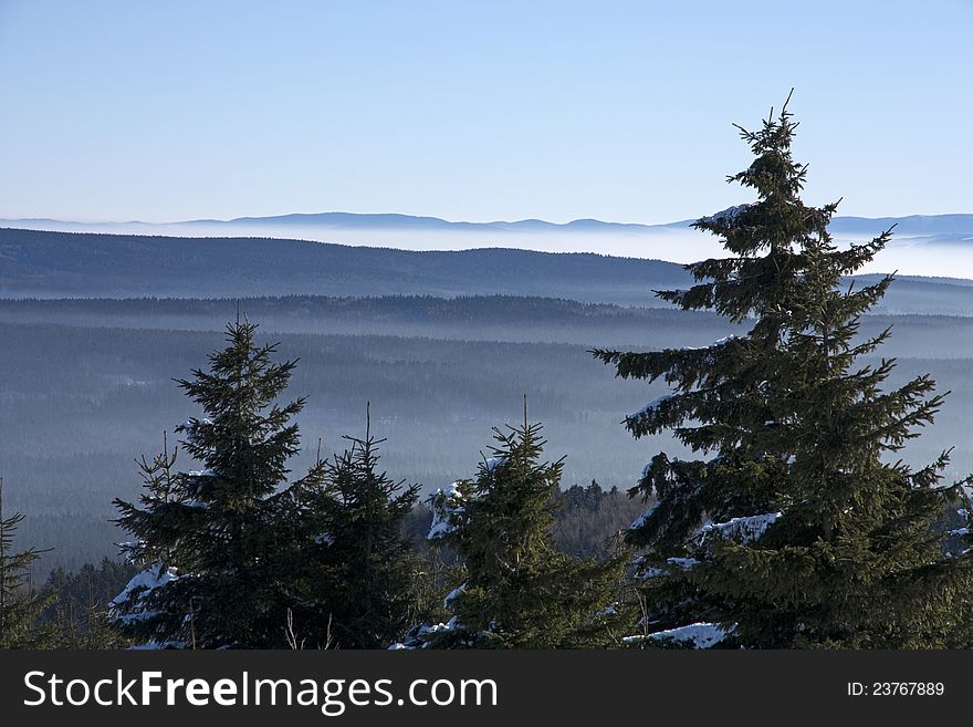 Winter landscape in the Czech Republic, haze in the valley, spruce forests in the Czech Republic, Eagle Mountains surrounding countryside, forest landscape with blue sky
