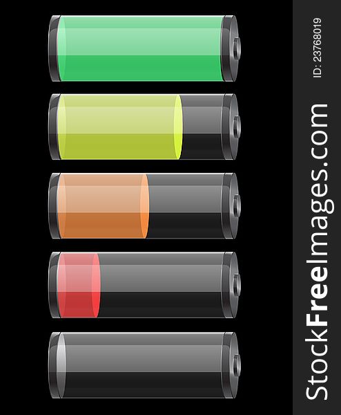 Set of glossy glass batteries isolated on black background. Set of glossy glass batteries isolated on black background