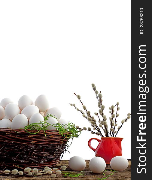 Easter eggs and  natural wooden country table, background and texture