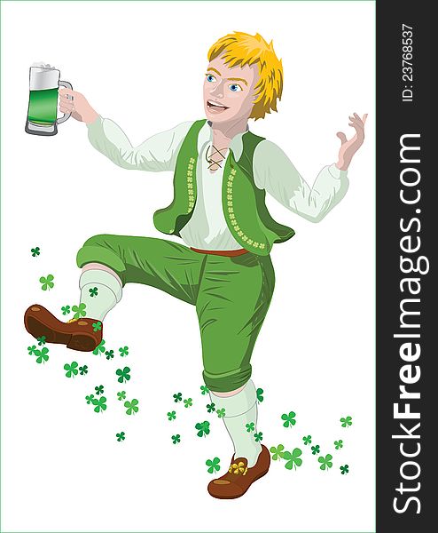 Leprechaun dancing with beer and shamrocks on backgraund. Leprechaun dancing with beer and shamrocks on backgraund.